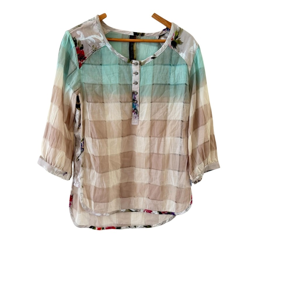 Aratta Silent Journey Henley Tunic Top S Multicolor Sheer Floral Gauze Boho
